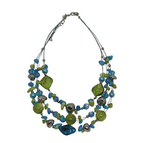 Multicolored Turquoise Stones Green Beads Three Strand Necklace Handcrafted - Picture 15 of 15